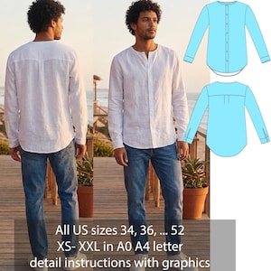 May include: A white long-sleeve shirt with a mandarin collar, paired with blue jeans. The image also includes a technical drawing of a light blue shirt. Text on the image reads: "All US sizes 34, 36, ... 52 XS- XXL in A0 A4 letter detail instructions with graphics."