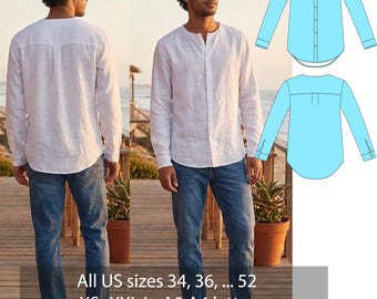 Men’s Linen Shirt Sewing Pattern PDF Collarless/ Band Collar Shirt | Relaxed Fit Beach Shirt | Long Sleeve Summer Shirt | Instant Download