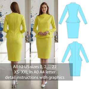 May include: A vibrant yellow dress featuring a peplum top and pencil skirt. The dress has long sleeves and a boat neckline. The image includes a diagram of the dress and text that reads "All 12 US sizes 0, 2, ... 22 XS-XXL in A0 A4 letter detail instructions with graphics."