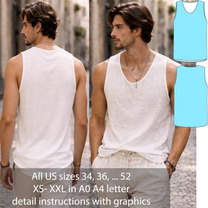 May include: A white vest top with a scoop neck is worn by a person. The image also shows a pattern of the vest top in light blue. Text on the image reads: All US sizes 34, 36, ... 52, XS-XXL in A0 A4 letter, detail instructions with graphics.