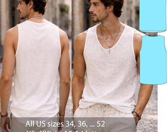 Men Linen Tank Top Sewing Pattern PDF, Sleeveless Shirt Pattern, Minimalist Summer Tank, Men’s Linen Muscle Tee, US 34-52