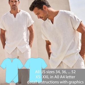 Men's Linen Summer Top Sewing Pattern PDF | Relaxed Fit Tunic Shirt | Notch Neck T-Shirt | Short Sleeve Casual Shirt | Sizes 34–52