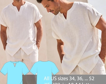 May include: A white short-sleeved shirt with a V-neckline and a wrap-style front hem. The image includes a blue technical drawing of the shirt and text stating: All US sizes 34, 36, ... 52 XS- XXL in A0 A4 letter detail instructions with graphics.