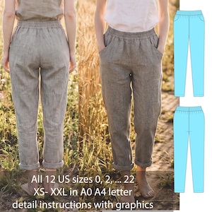 May include: Grey trousers with an elastic waistband, side pockets, and cuffed hems. The image includes a blue technical drawing of the trousers and text stating: All 12 US sizes 0, 2, ... 22 XS- XXL in A0 A4 letter detail instructions with graphics.