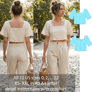 Könnte beinhalten: Eine Frau trägt ein cremefarbenes Crop-Top mit quadratischem Ausschnitt und eine dazu passende hoch taillierte Hose. Das Bild enthält eine Zeichnung des Oberteils in Hellblau. Der Text auf dem Bild lautet "All 12 US sizes 0, 2, ... 22 XS- XXL in A0 A4 letter detail instructions with graphics."