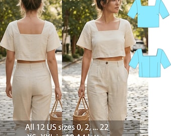 May include: A woman wearing a cream-colored square-neck crop top and matching high-waisted pants. The image includes a diagram of the top in light blue. The text on the image says "All 12 US sizes 0, 2, ... 22 XS- XXL in A0 A4 letter detail instructions with graphics."