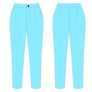 May include: A pair of light blue trousers, shown from the front and back. The front view displays a button closure, pockets, and a center crease. The back view shows a clean design with a center crease. The pants are a solid, light blue color.