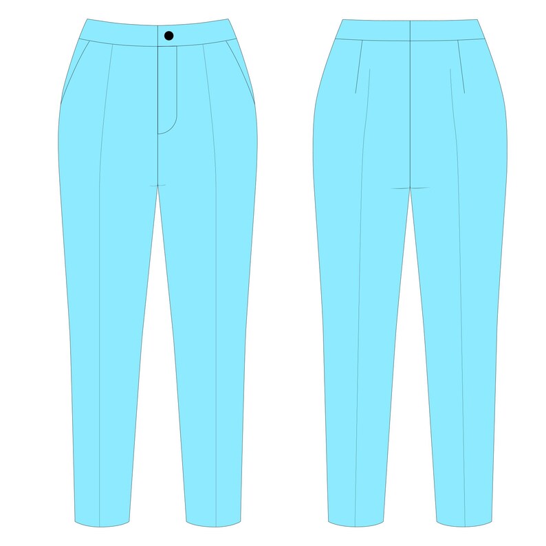 May include: A pair of light blue trousers, shown from the front and back. The front view displays a button closure, pockets, and a center crease. The back view shows a clean design with a center crease. The pants are a solid, light blue color.