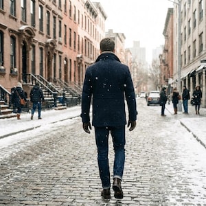 Puede incluir: Una persona camina por una calle adoquinada cubierta de nieve, vestida con un abrigo azul marino con cuello de piel, vaqueros azules y botas de cuero marr&oacute;n. La persona lleva guantes marrones. Caen copos de nieve.