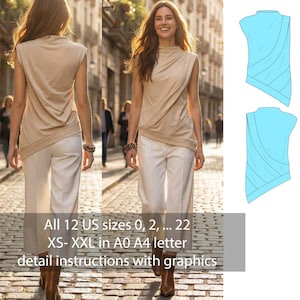 Op de afbeelding: Een vrouw draagt een beige mouwloze top en een witte broek. De top heeft een gedrapeerd ontwerp. De afbeelding toont ook een blauwe illustratie van de top. Tekst op de afbeelding luidt: Alle 12 US maten 0, 2, ... 22 XS-XXL in A0 A4 letter gedetailleerde instructies met afbeeldingen.