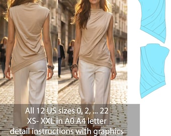 Instant Download Knit Top Sewing Pattern PDF | Draped Asymmetric Sleeveless Top