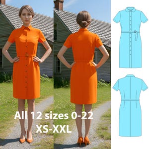 May include: An orange button-down dress with short sleeves and a matching belt. The dress is shown on a model from the front and back, with technical drawings of the dress in blue. Text on the image reads "ALL 12 sizes 0-22 XS-XXL".