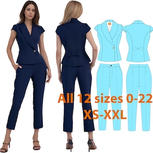 Puede incluir: Traje de mujer azul marino con blazer de manga corta y pantalón a juego. El blazer tiene solapa con muescas y un solo botón dorado. La imagen también muestra un diseño de traje azul claro y el texto "All 12 sizes 0-22 XS-XXL".