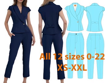 Sewing Pattern PDF all Sizes 0- 22 (US) Women's Short Sleeve Blazer Pant Suit set  Download | A0, A4, & Letter Formats + Sewing Guide