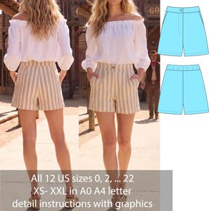 Può includere: Pantaloncini a vita alta con motivo a righe verticali beige e bianche, tasche laterali e chiusura frontale con bottone. L'immagine include un disegno tecnico dei pantaloncini e il testo: All 12 US sizes 0, 2, ... 22 XS- XXL in A0 A4 letter detail instructions with graphics.