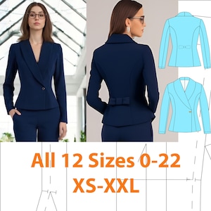 May include: A navy blue blazer and matching pants are shown. The blazer has a single-button closure and a notched lapel. The back of the blazer features a bow detail. The text "All 12 Sizes 0-22 XS-XXL" is displayed in orange.