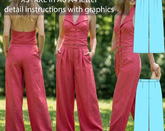 Women's Wide Leg Pants Sewing Pattern PDF | Pleated High Waist Trousers | Linen Pants Pattern | US Sizes 0–22