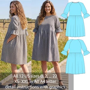 Può includere: Un abito a quadretti bianchi e neri con scollo rotondo, maniche a tre quarti con polsini a volant e vita arricciata. L'immagine include un disegno tecnico blu dell'abito con il testo: All 12 US sizes 0, 2, ... 22 XS- XXL in A0 A4 letter detail instructions with graphics.