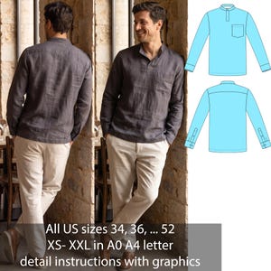 Puede incluir: Una camisa de manga larga gris oscuro con cuello mao y un bolsillo en el pecho, combinada con pantalones beige. La imagen incluye un dibujo técnico en azul claro del frente y la espalda de la camisa, además del texto: All US sizes 34, 36, ... 52 XS- XXL in A0 A4 letter detail instructions with graphics.