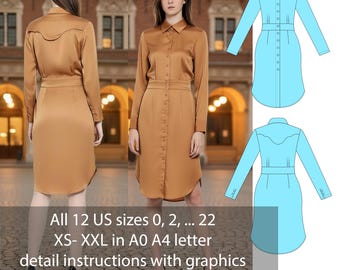 Fitted Shirt Dress Sewing Pattern: Long Sleeve Collared Design (PDF Pattern,  XS-4XL) - Etsy