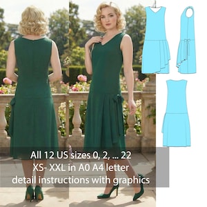 Peut inclure: Une robe sans manches vert foncé avec un col en V et une jupe plissée. La robe présente un détail de nœud sur le côté. L'image comprend également un patron avec les tailles 0-22 et XS-XXL.