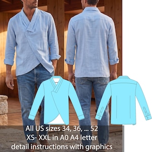 May include: A light blue long-sleeve shirt with a wrap-style crossover front and a collar, shown in front and back views. The image includes a technical diagram of the shirt and text stating: All US sizes 34, 36, ... 52 XS- XXL in A0 A4 letter.