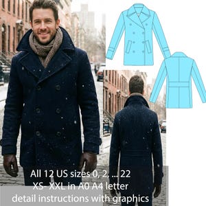 Puede incluir: Abrigo azul marino de doble botonadura con cuello ancho y botones grandes. La imagen incluye un diagrama del diseño del abrigo y el texto: "All 12 US sizes 0, 2, ... 22 XS- XXL in A0 A4 letter detail instructions with graphics."