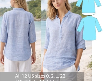 Linen Tunic Blouse Sewing Pattern PDF, Popover Linen Shirt Pattern | Minimalist Summer Tunic Top | Relaxed Linen Blouse | Sizes 0–22