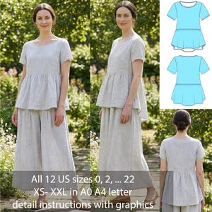 May include: A light gray linen outfit, including a short-sleeved top with a peplum and wide-leg pants. The image also shows a technical drawing of the top. Text on the image reads: All 12 US sizes 0, 2, ... 22 XS- XXL in A0 A4 letter detail instructions with graphics.