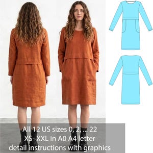 Peut inclure: Une robe à manches longues couleur rouille avec une encolure ronde et des poches latérales, présentée de face et de dos avec des dessins techniques bleu clair. Le texte indique 12 tailles US 0, 2, 22, XS-XXL en A0 A4 letter detail instructions.