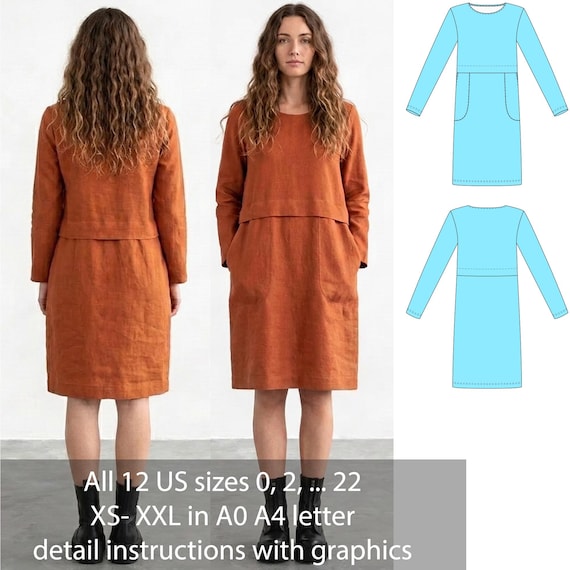 Linen Long Sleeve Shift Dress Sewing Pattern PDF | Loose Fit Pocket Dress | Minimalist Everyday Dress | women's Digital Pattern Sizes 0-22