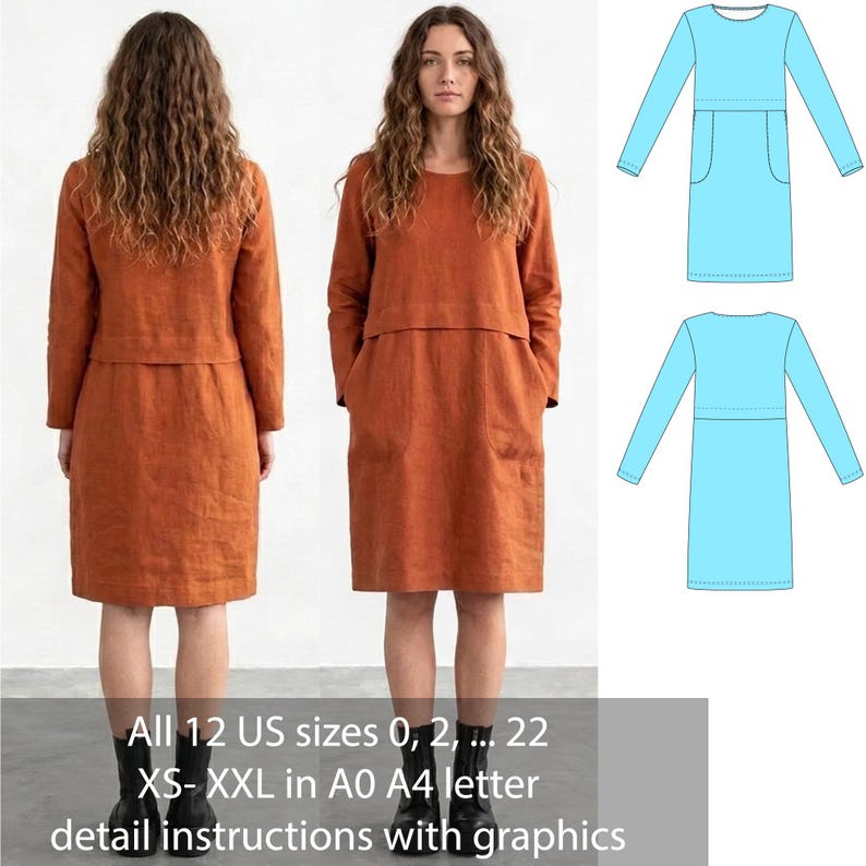 May include: A rust-colored long-sleeve dress with a round neckline and side pockets, shown from front and back views alongside light blue technical line drawings. The text states 12 US sizes 0, 2, 22, XS-XXL in A0 A4 letter detail instructions.