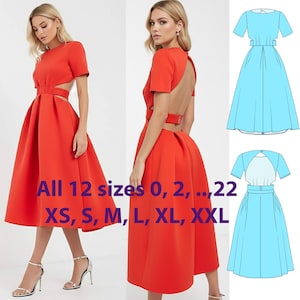 May include: A vibrant red dress with a cut-out design and a flared skirt. The dress features short sleeves and a belt detail at the waist. The image also includes a size chart with sizes ranging from XS to XXL.