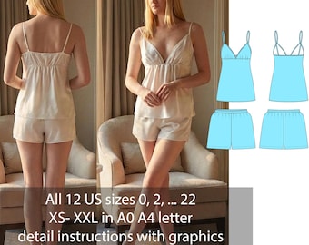 May include: A woman wearing a cream-colored pajama set with a camisole top and shorts. The image also shows a light blue pajama set design. Text on the image reads: All 12 US sizes 0, 2, ... 22 XS-XXL in A0 A4 letter detail instructions with graphics.