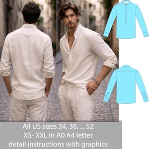 May include: A long-sleeve beige shirt with a button-down collar and a placket, shown in front and back views. The image includes a light blue technical drawing of the shirt pattern and text stating: All US sizes 34, 36, ... 52 XS- XXL in A0 A4 letter detail instructions with graphics.
