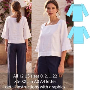 Può includere: Un top bianco con scollo quadrato e maniche a tre quarti abbinato a pantaloni blu scuro a gamba larga. L'immagine include un disegno tecnico in azzurro del top e il testo: All 12 US sizes 0, 2, ... 22 XS- XXL in A0 A4 letter detail instructions with graphics.