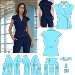 May include: A navy blue women's suit featuring a short-sleeved blazer with a notched lapel and a single gold button. The suit includes matching trousers. Additional images show a light blue blazer design and sewing pattern pieces.