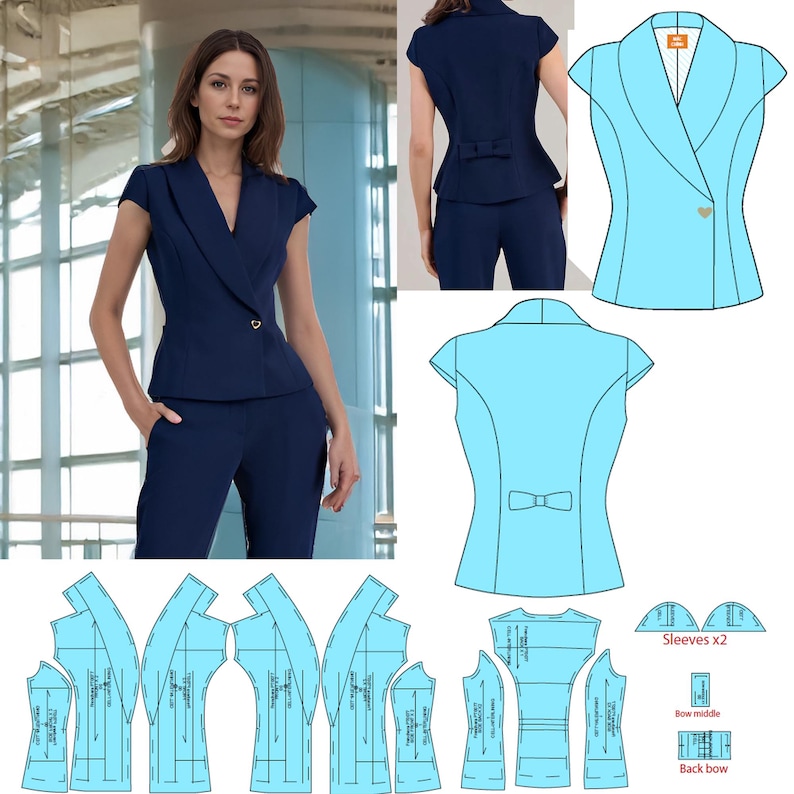 May include: A navy blue women's suit featuring a short-sleeved blazer with a notched lapel and a single gold button. The suit includes matching trousers. Additional images show a light blue blazer design and sewing pattern pieces.