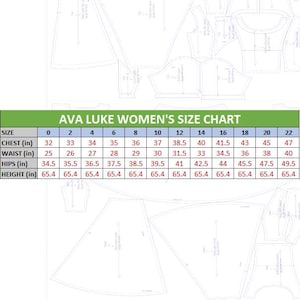 May include: A sewing pattern layout featuring a green and white size chart titled AVA LUKE WOMEN'S SIZE CHART. The table lists sizes 0 through 22 with corresponding chest, waist, hip, and height measurements in inches, overlaid on technical pattern pieces.