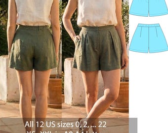Linen Shorts Sewing Pattern PDF, High Waisted Pleated Shorts Pattern, Tailored Summer Shorts, Women Linen Shorts, US 0-22
