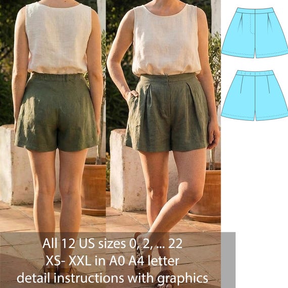 Linen Shorts Sewing Pattern PDF, High Waisted Pleated Shorts Pattern, Tailored Summer Shorts, Women Linen Shorts, US 0-22