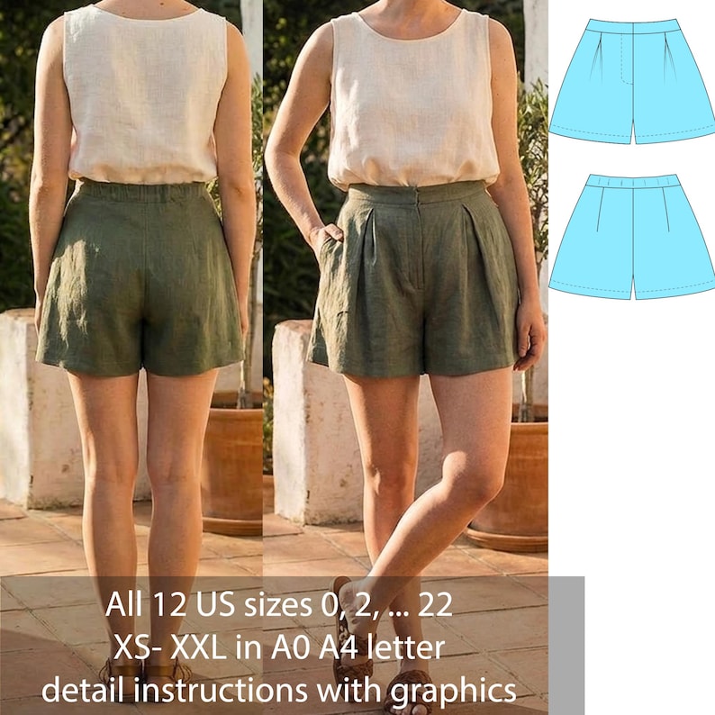 May include: An olive green pair of shorts with pleats and pockets, paired with a cream-colored tank top. The image also shows a light blue shorts pattern. Text on the image reads: All 12 US sizes 0, 2, ... 22 XS- XXL in A0 A4 letter detail instructions with graphics.