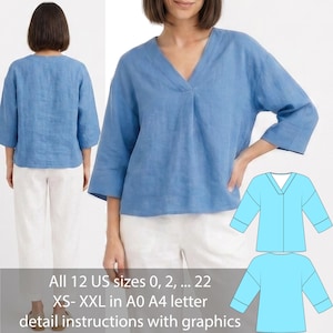 May include: A blue V-neck top with three-quarter length sleeves and a loose fit, paired with white trousers. The image includes a technical sewing pattern diagram for the top in sizes 0 through 22, XS to XXL, with A0, A4, and letter formats.