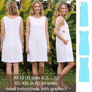 Peut inclure: Une robe chasuble blanche sans manches avec une encolure ronde, une fermeture éclair verticale au dos et des poches latérales. L'image inclut des illustrations techniques de la robe de profil, de face et de dos, avec le texte : All 12 US sizes 0, 2, ... 22 XS- XXL in A0 A4 letter detail instructions with graphics.
