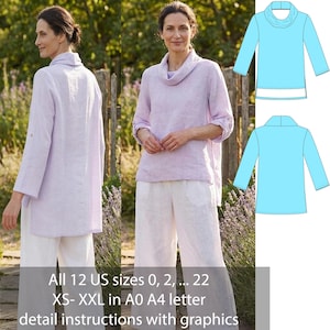 Puede incluir: Una mujer modela una túnica de lino morado claro y pantalones blancos. La túnica tiene cuello alto y mangas largas. Se muestra un diagrama de una blusa azul claro. El texto en la imagen dice "All 12 US sizes 0, 2, ... 22 XS- XXL in A0 A4 letter detail instructions with graphics."