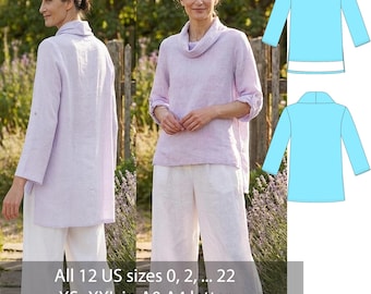 Linen Cowl Neck Tunic Top blouse Sewing Pattern PDF Loose Linen Blouse Pattern | Minimalist Tunic | Sizes US 0–22 digital, instant download