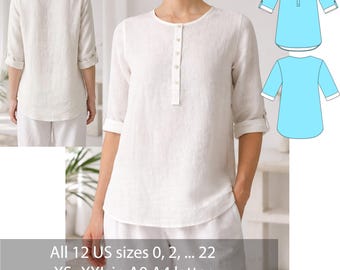 May include: A white linen shirt with a round neckline and three-quarter sleeves. The shirt has a button-down placket and is shown from the front and back. The image also includes a blue diagram of the shirt. Text: All 12 US sizes 0, 2, ... 22 XS-XXL in A0 A4 letter detail instructions with graphics.