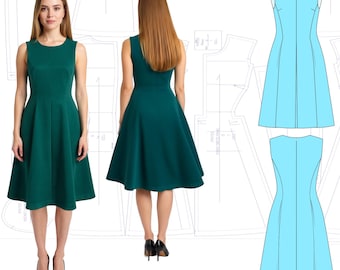 Könnte beinhalten: Ein ärmelloses, smaragdgrünes Kleid mit ausgestelltem Rock. Das Kleid hat ein figurbetontes Oberteil und einen runden Ausschnitt. Das Model trägt schwarze Absätze. Eine technische Zeichnung eines ähnlichen Kleides in Hellblau ist ebenfalls enthalten.