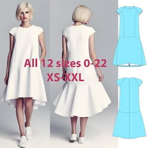 May include: A white dress with a flared skirt and short sleeves is shown from the front and back. The text "All 12 sizes 0-22 XS-XXL" is displayed on the image. The dress is paired with white trainers.