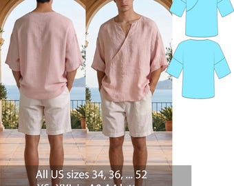 Cartamodello PDF per camicia da uomo in lino a portafoglio, cartamodello per camicia kimono, top minimalista in lino, camicia estiva comoda, cartamodello PDF da uomo